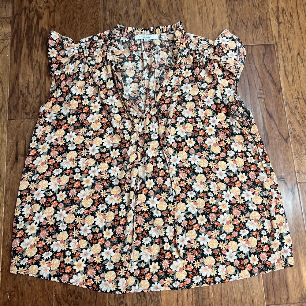 Black Floral Print Flutter Sleeve V Neck Tie Neck Blouse Top Women's S